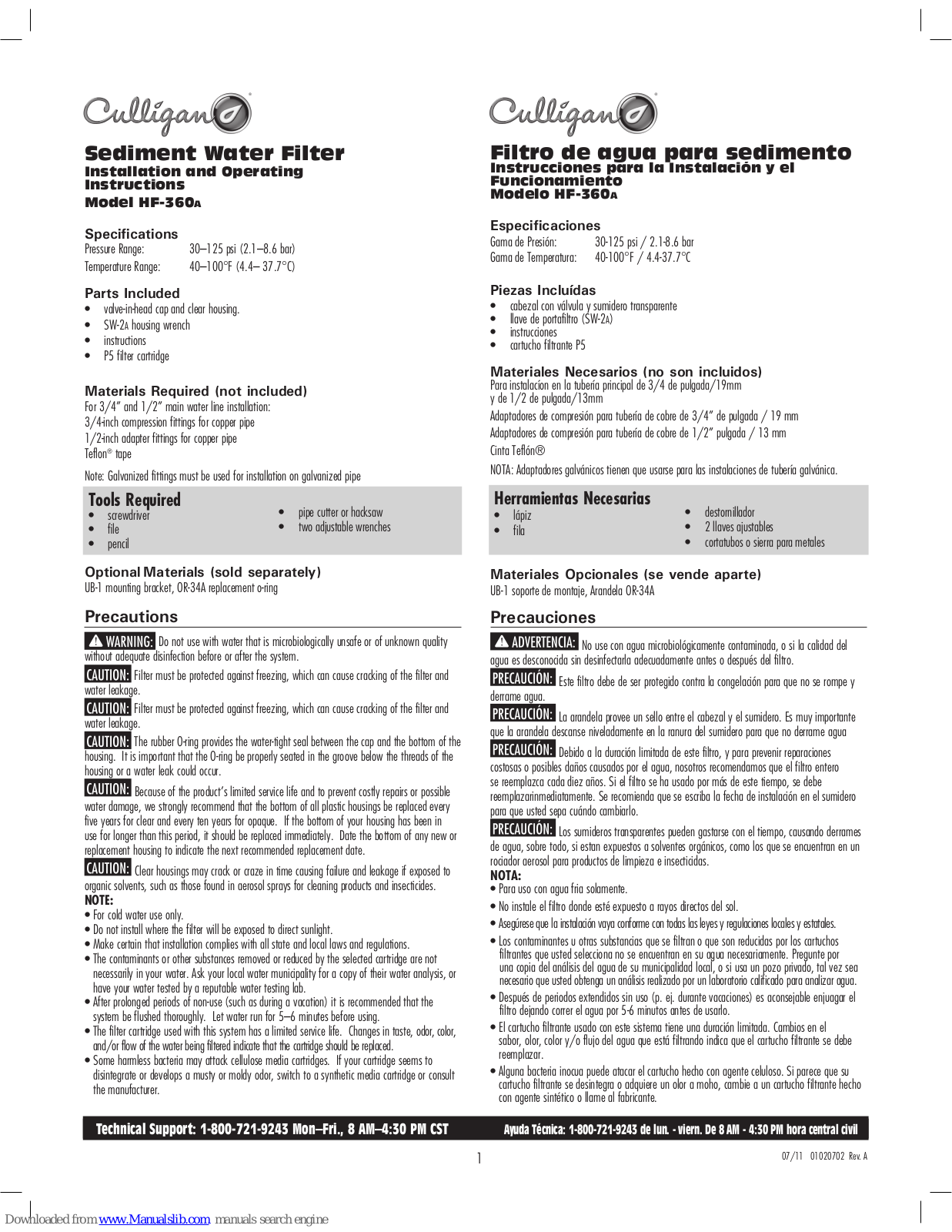 Culligan HF-360A Installation And Operating Instructions Manual