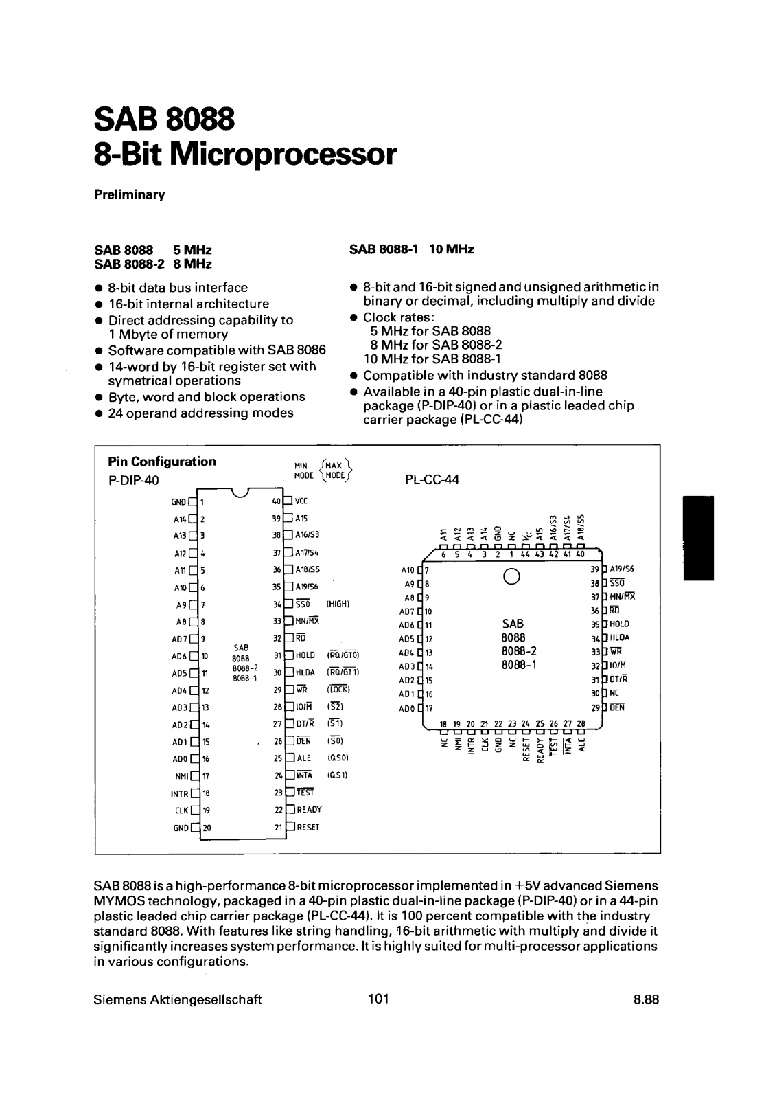 Siemens SAB8088-1-N, SAB8088-1-P, SAB8088-2-P, SAB8088P Datasheet