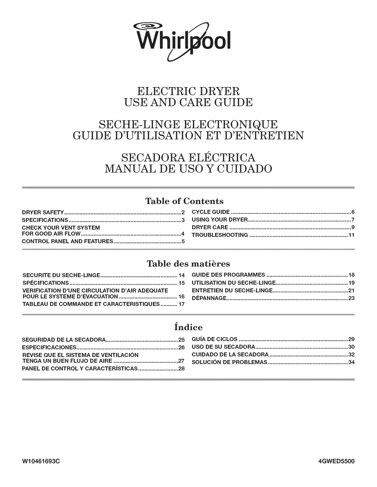 Whirlpool 4GWED5500YW0 Owner’s Manual