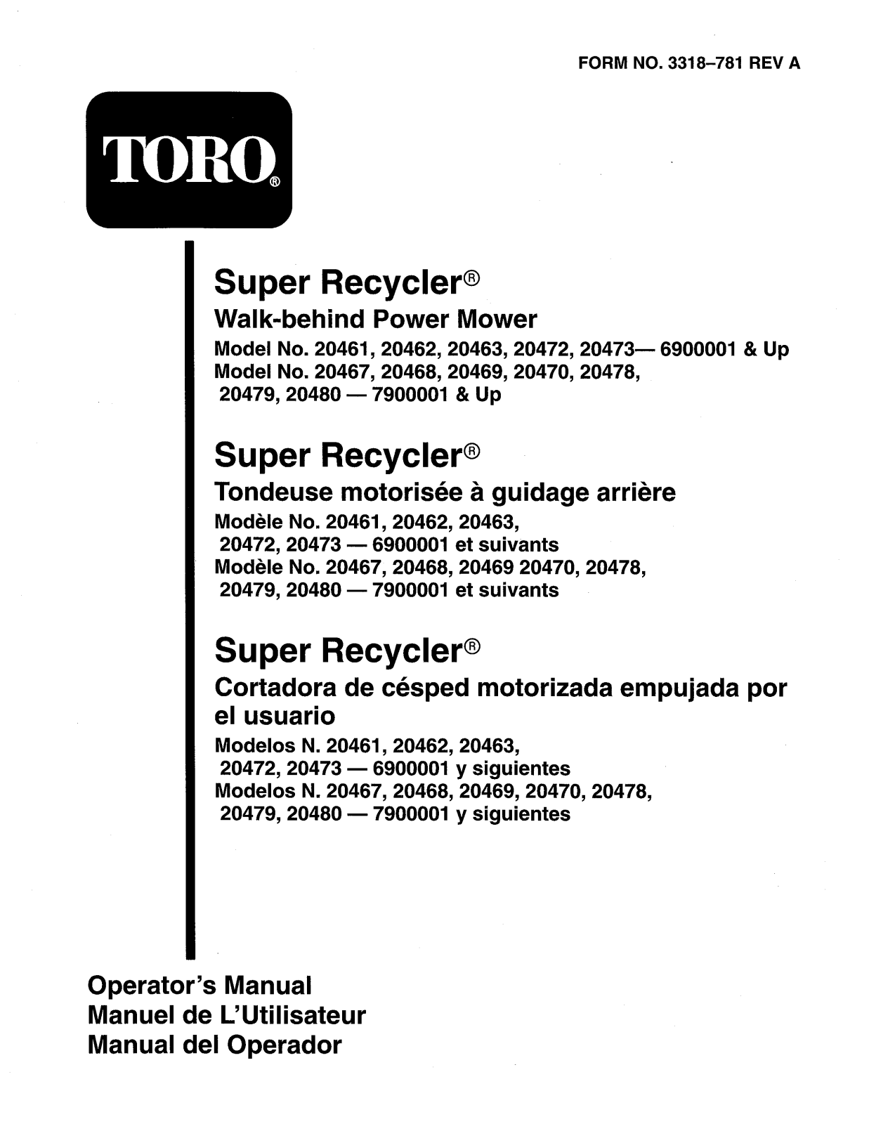 Toro 20461, 20462, 20463, 20468, 20469 Operator's Manual