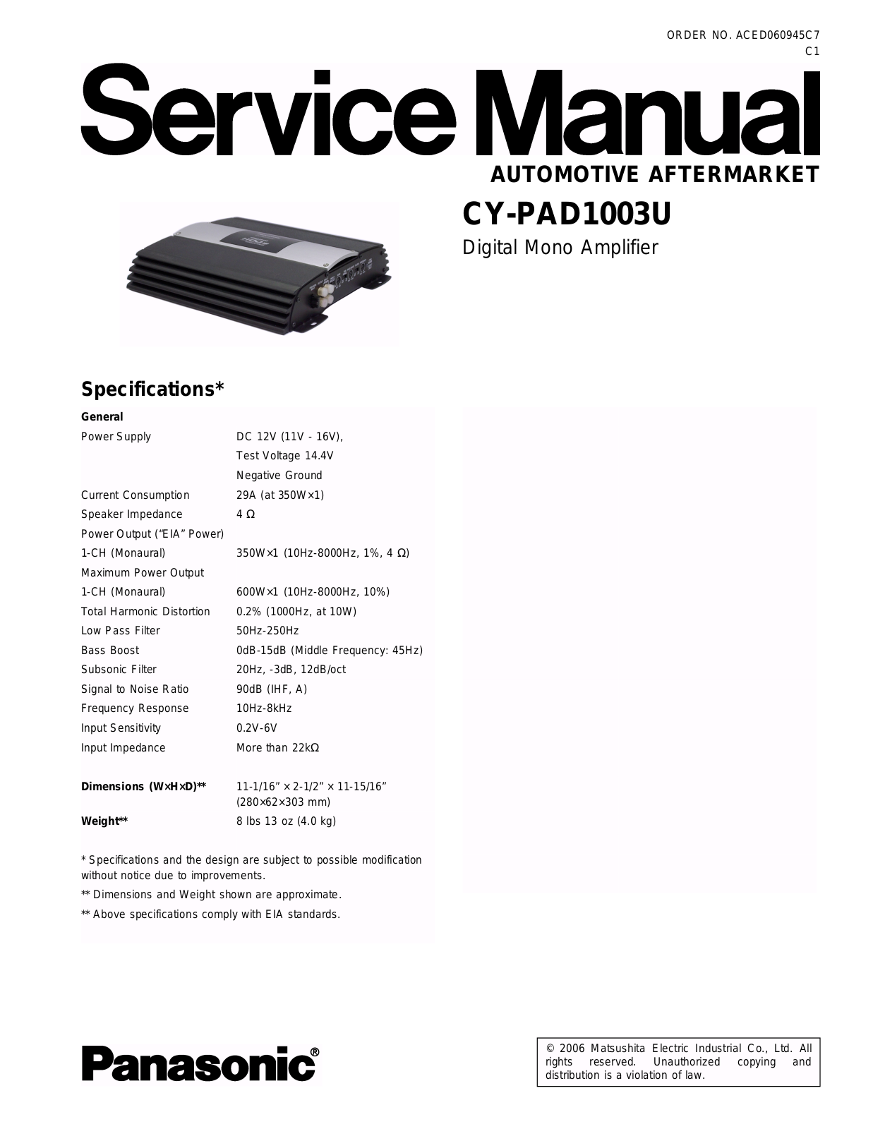 Panasonic CYPAD-1003-U Service manual