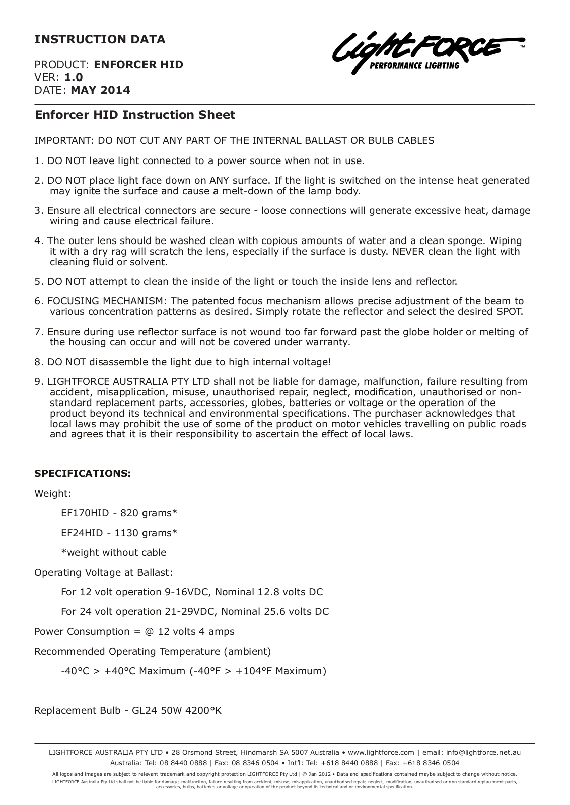 Lightforce NEW ENFORCER HID User Manual - ManualMachine.com