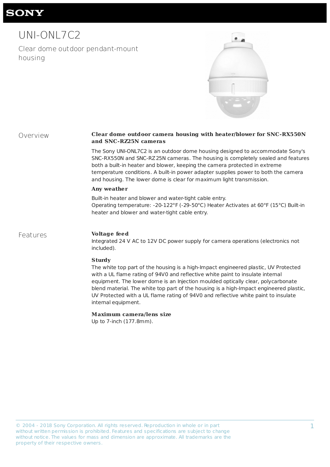 Sony UNI-ONL7C2 Specsheet