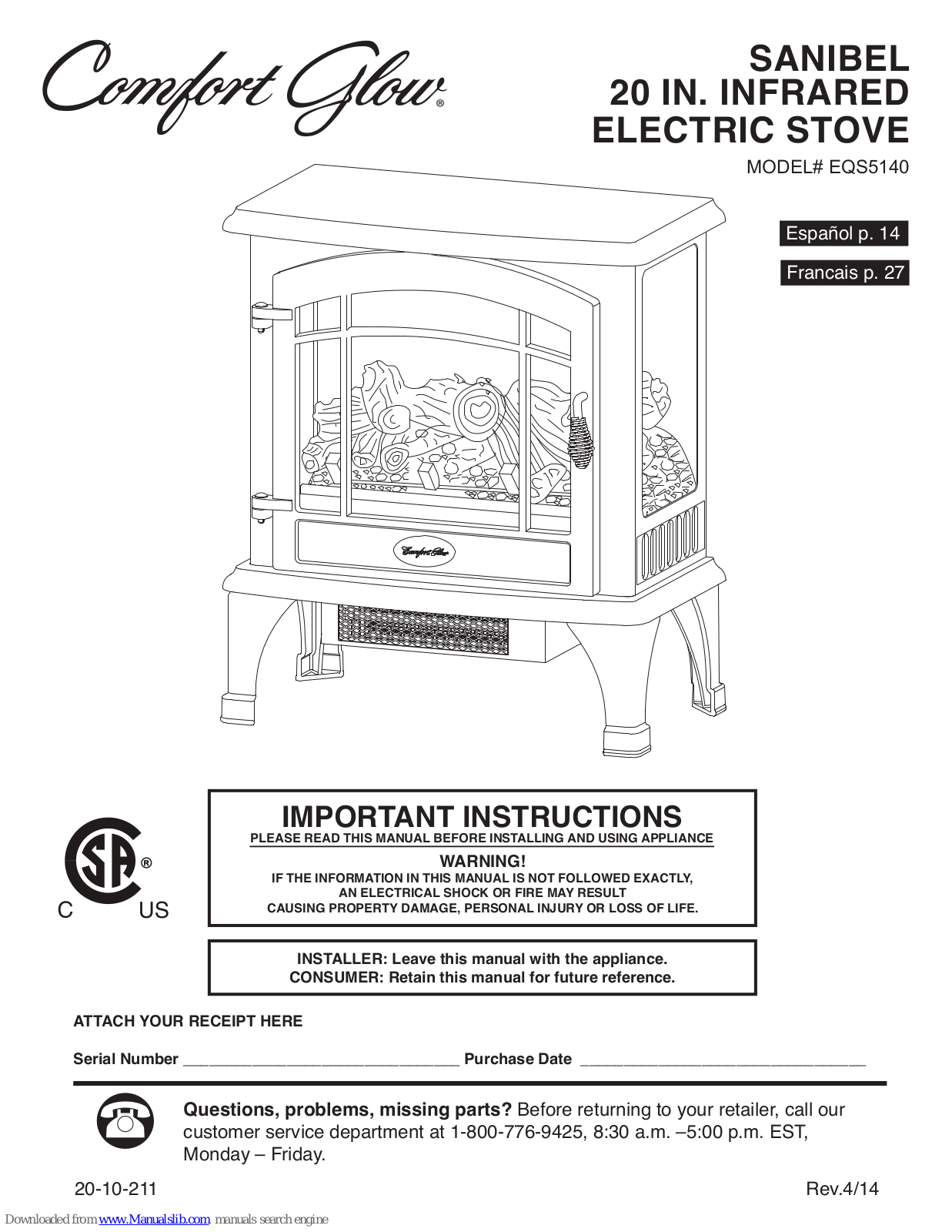 Comfort Glow EQS5140, EQS130, EQS133, EQS134 Installation & Operating Instructions Manual