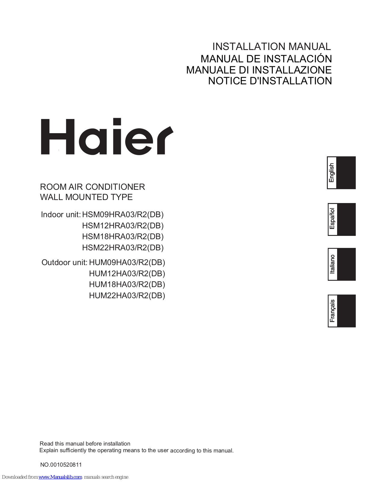 Haier HSM12HRA03, HSM18HRA03/R2(DB), HSM22HRA03/R2(DB), HUM09HA03/R2(DB), HUM12HA03/R2(DB) Installation Manual