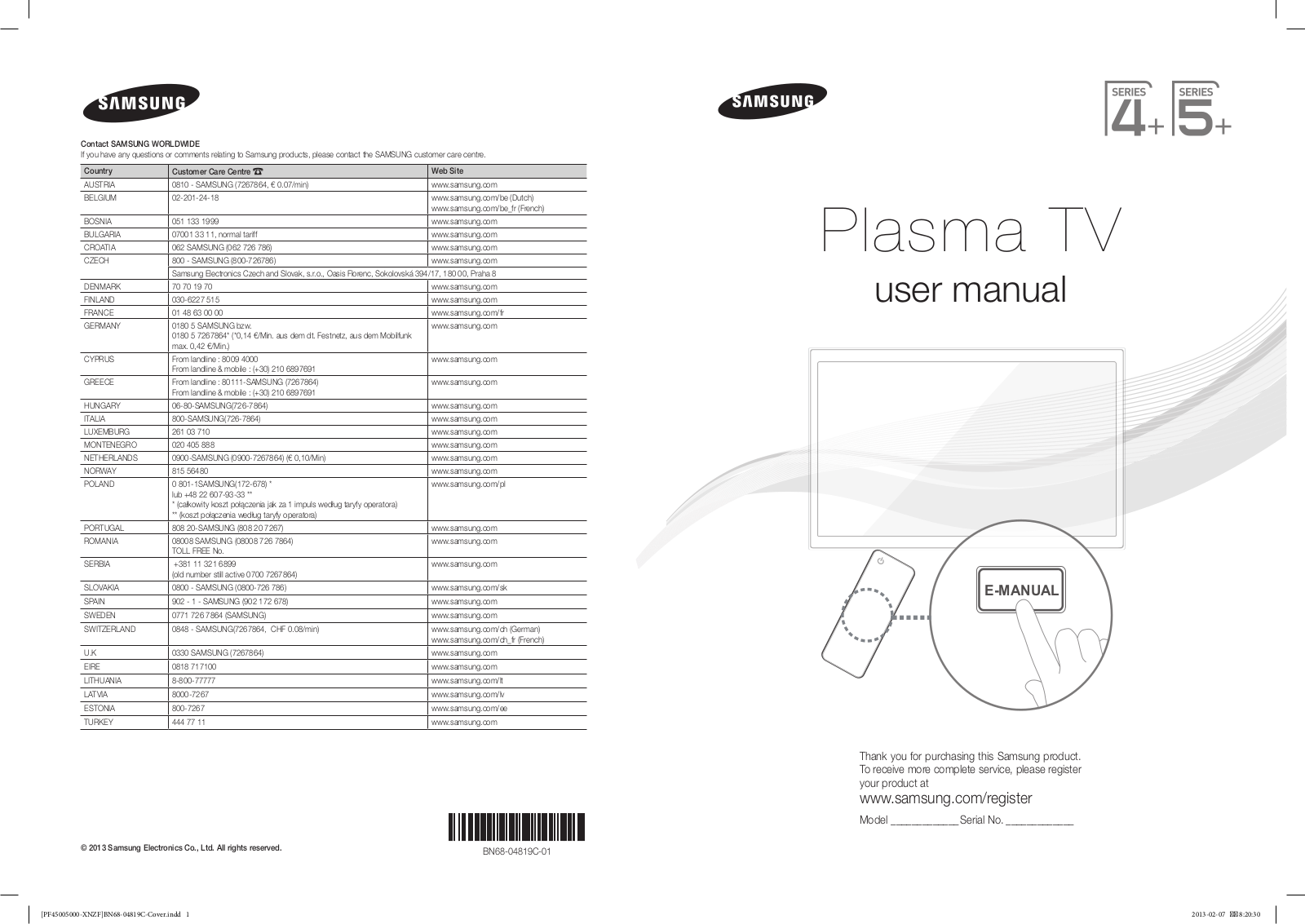 SAMSUNG PS43E490, PS43F4500 User Manual