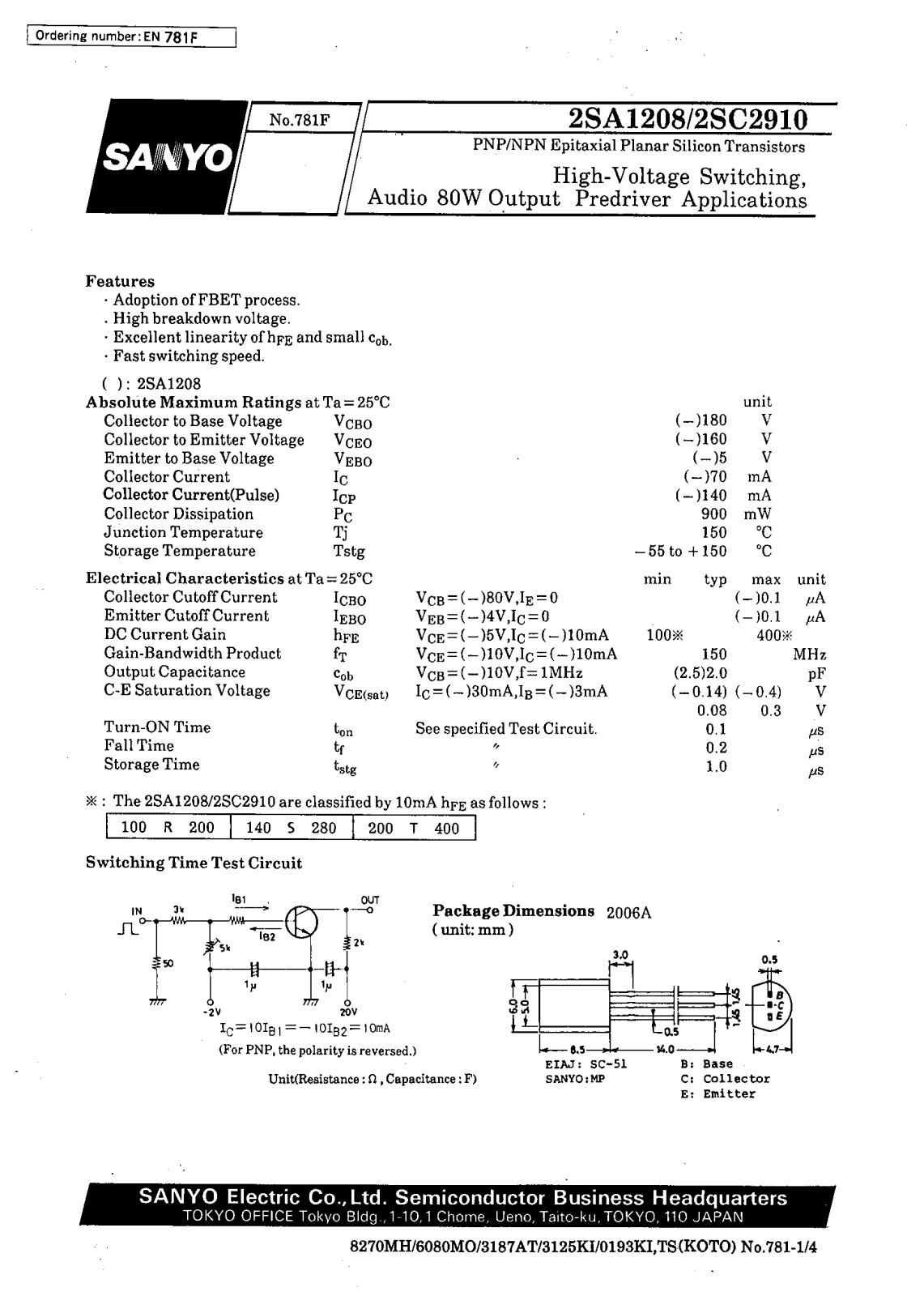 SANYO 2SC2910, 2SA1208 Datasheet