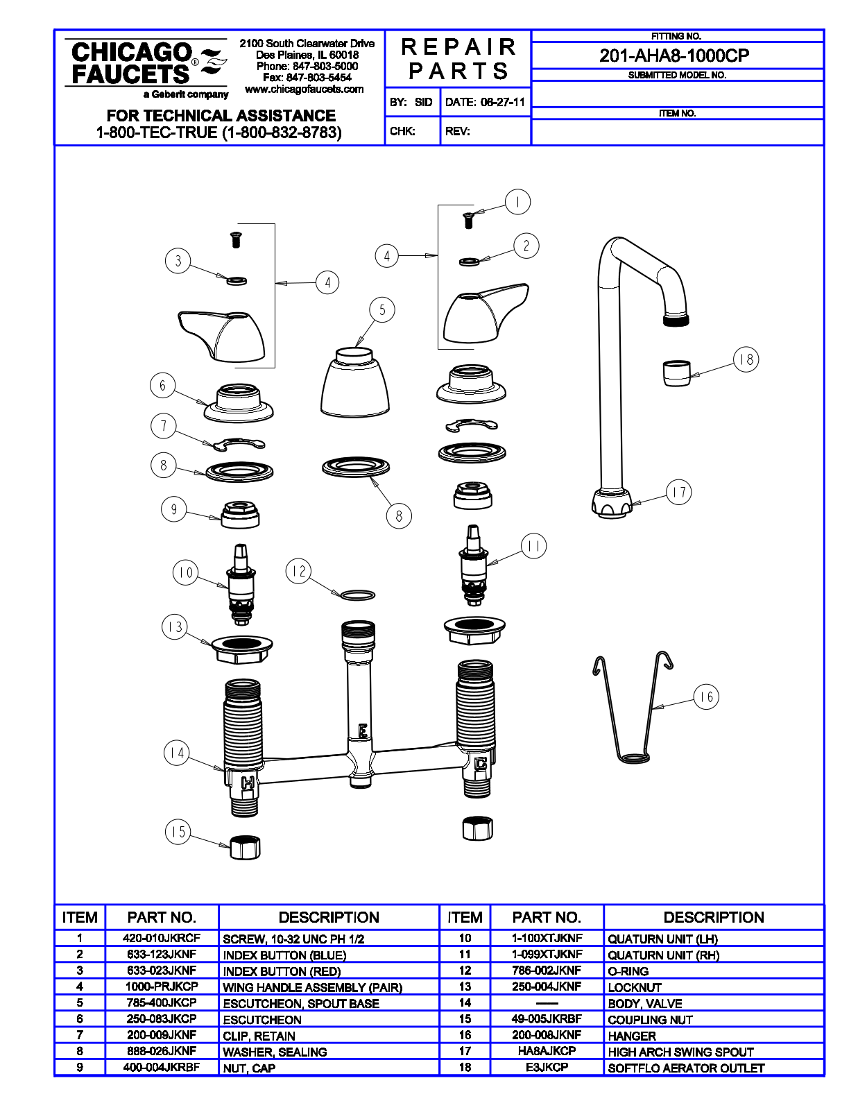 Chicago Faucet 201-AHA8-1000 Parts List