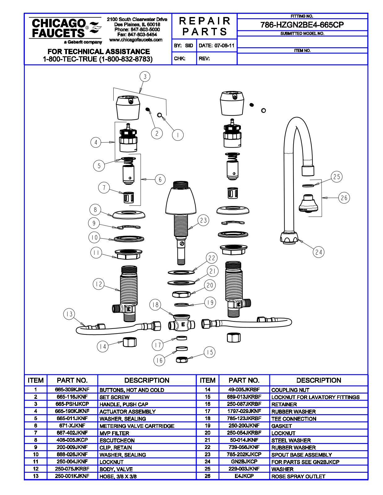 Chicago Faucet 786-HZGN2BE4-665 Parts List