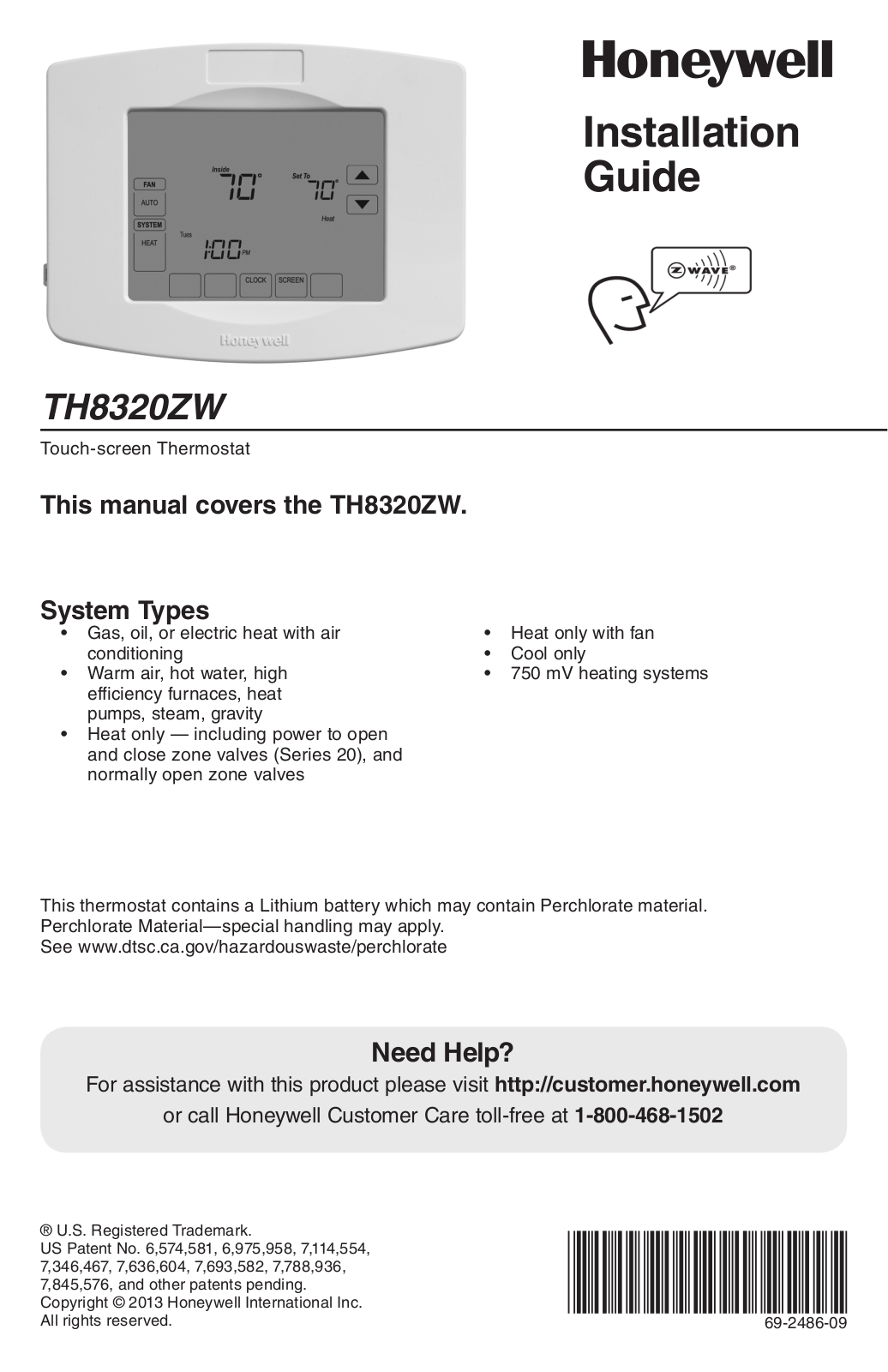 Honeywell TH8320ZW Installation Guide