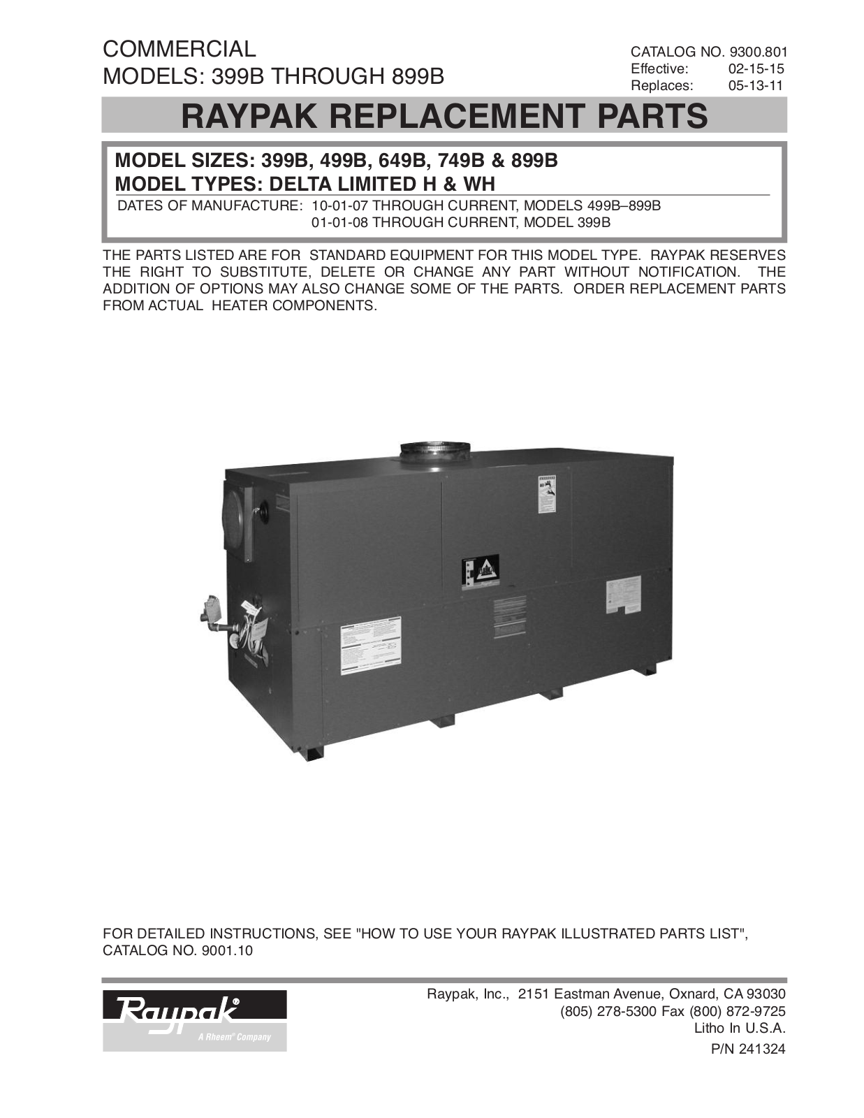 Raypak H3-399B Parts List