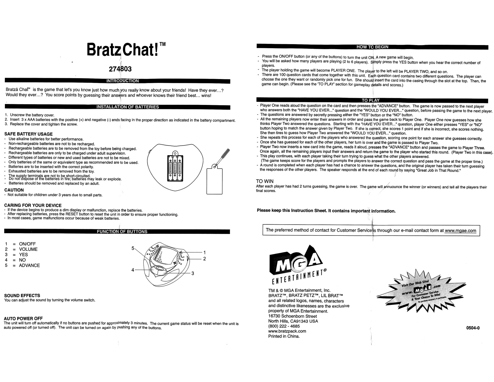 Mga Entertainment BRATZ CHAT User Manual