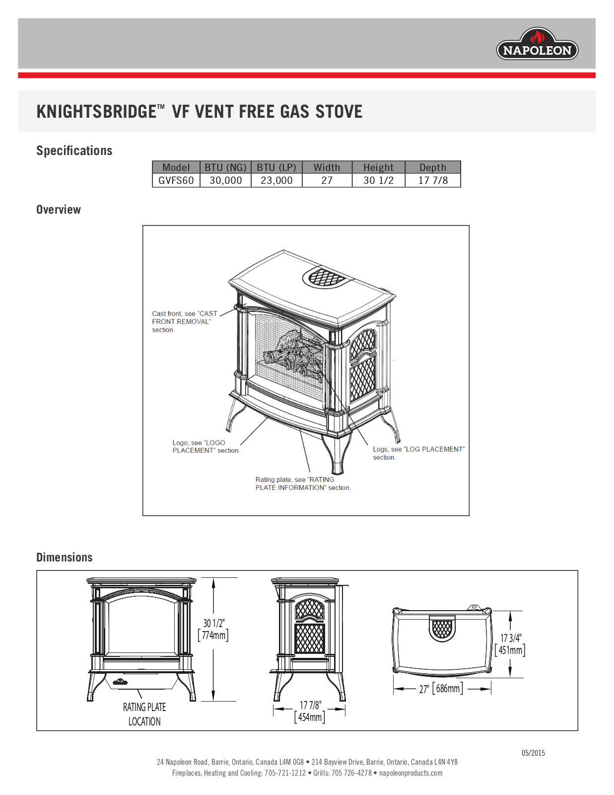 Napoleon GVFS601P, GVFS601N, GVFS601PN Specifications