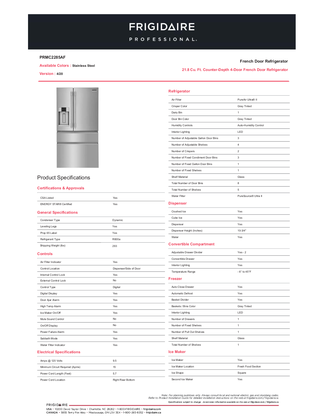 Frigidaire PRMC2285AF Specification Sheet