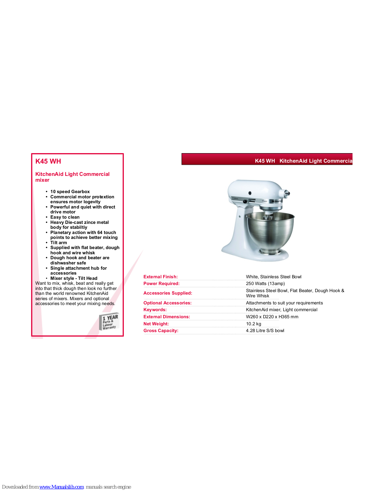 KitchenAid K45 WH Datasheet