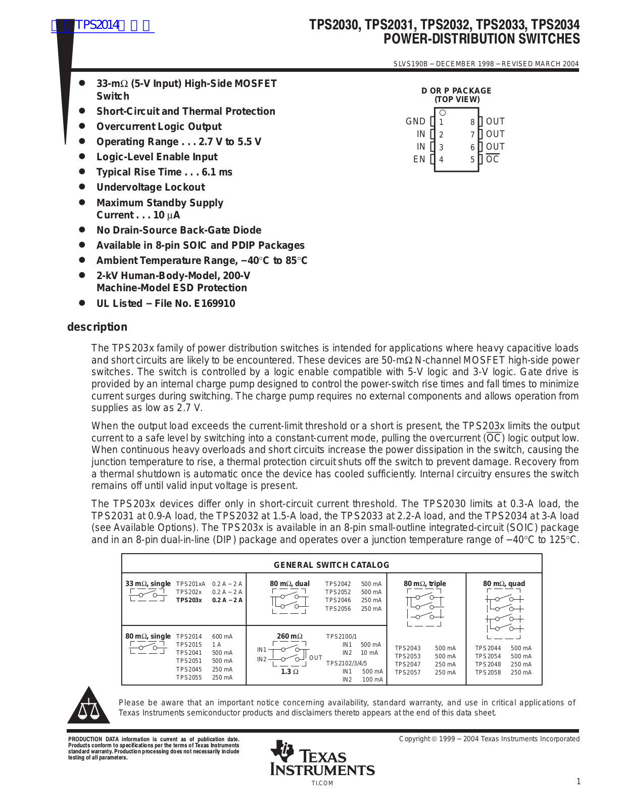 TEXAS INSTRUMENTS TPS2030, TPS2031, TPS2032, TPS2033, TPS2034 Technical data