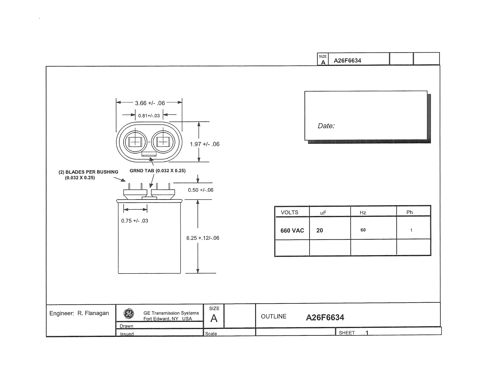 GE Capacitor A26F6634 Dimensional Sheet