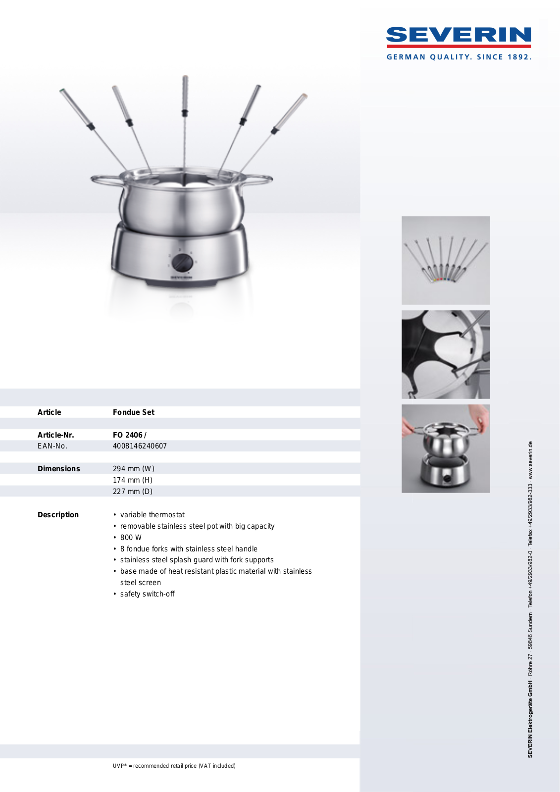 Severin FO 2406, FONDUE SET User Manual