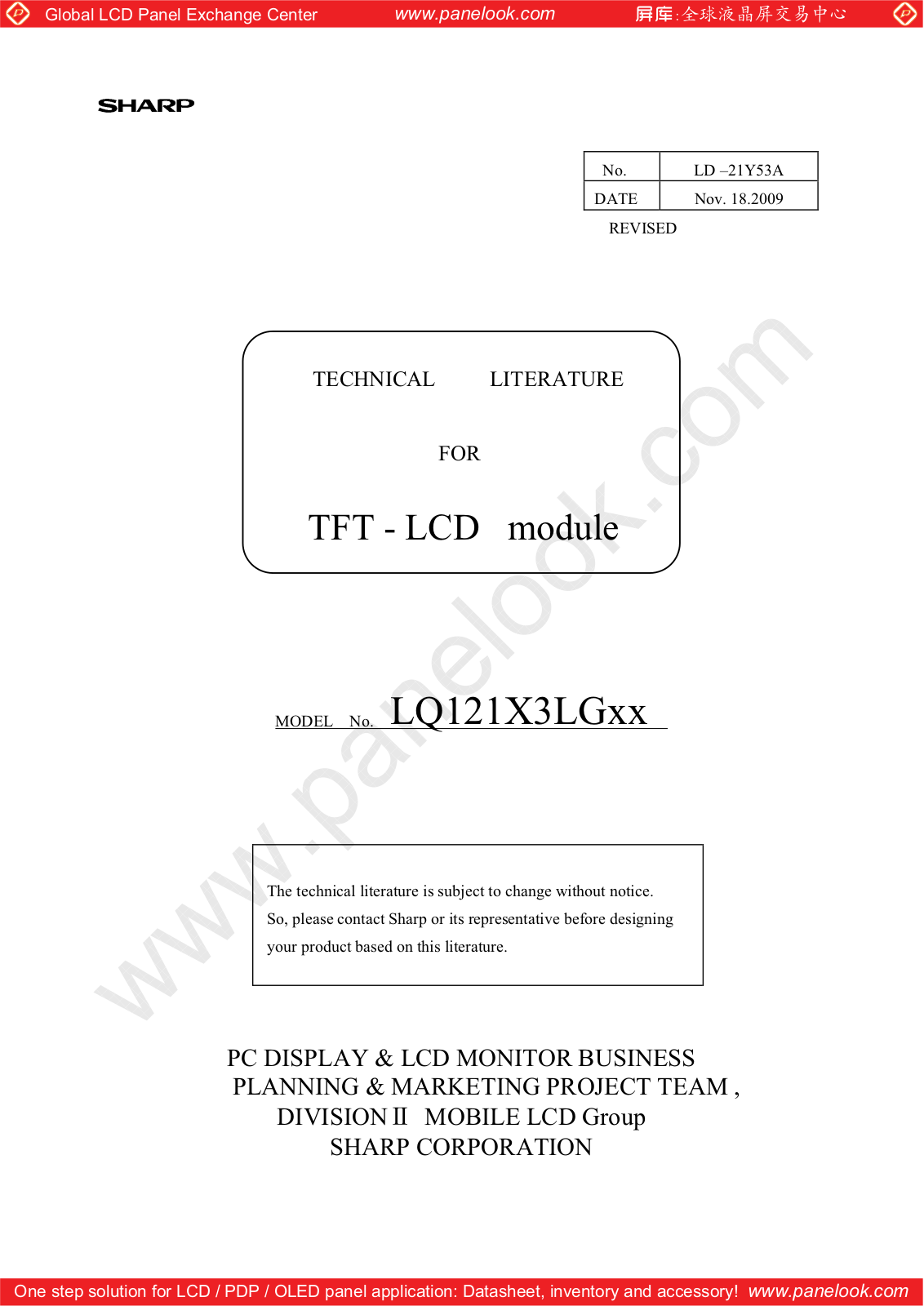 SHARP LQ121X3LG02 Specification