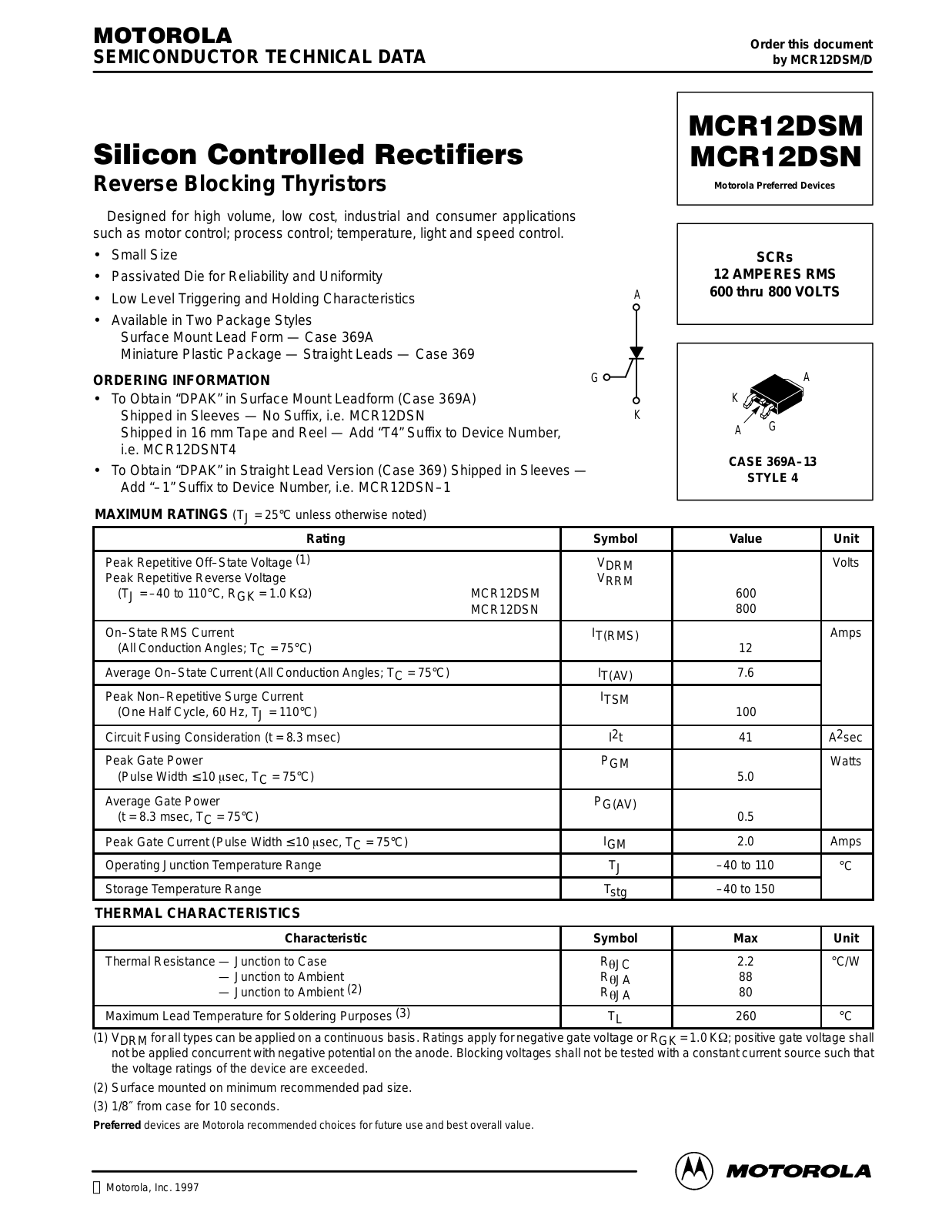 Motorola MCR12DSM, MCR12DSN Datasheet