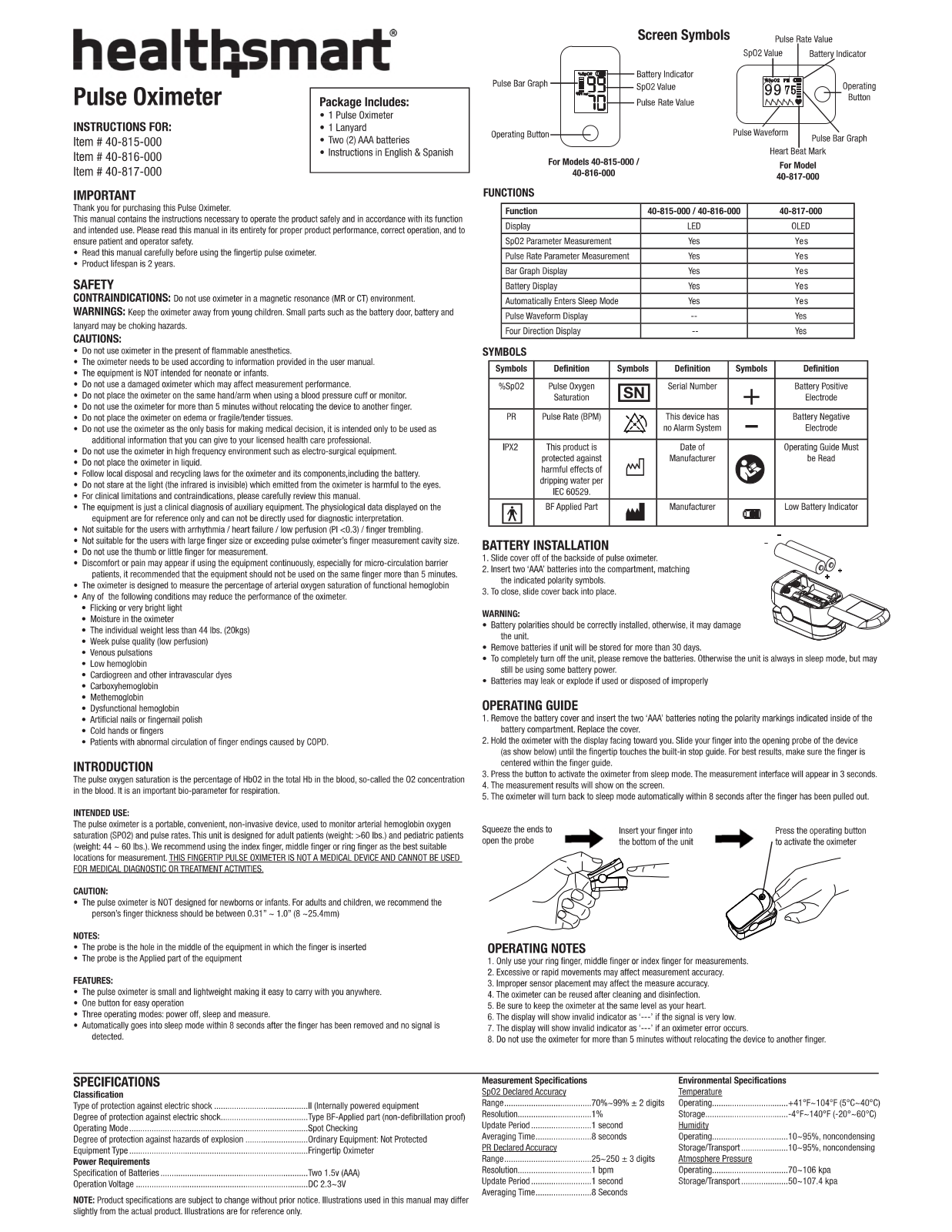 healthsmart 40-815-000, 40-816-000, 40-817-000 User Manual