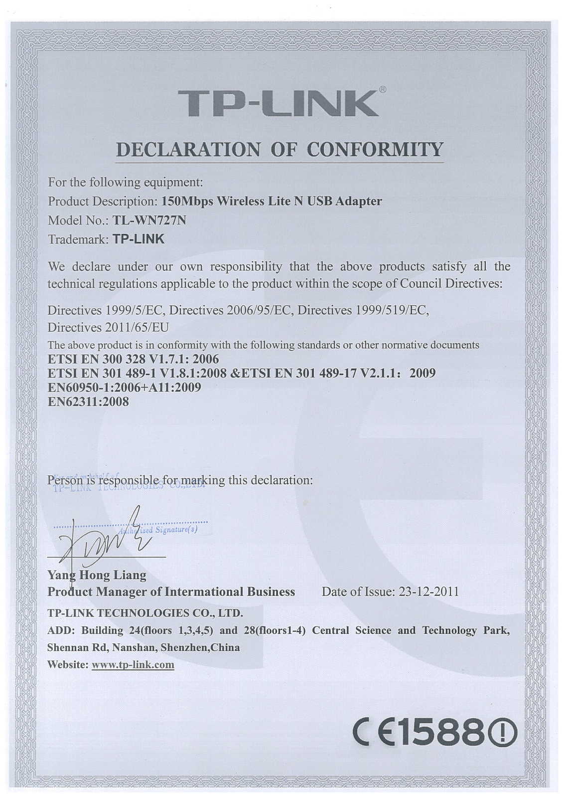 TP-Link TL-WN727N Declaration of Conformity