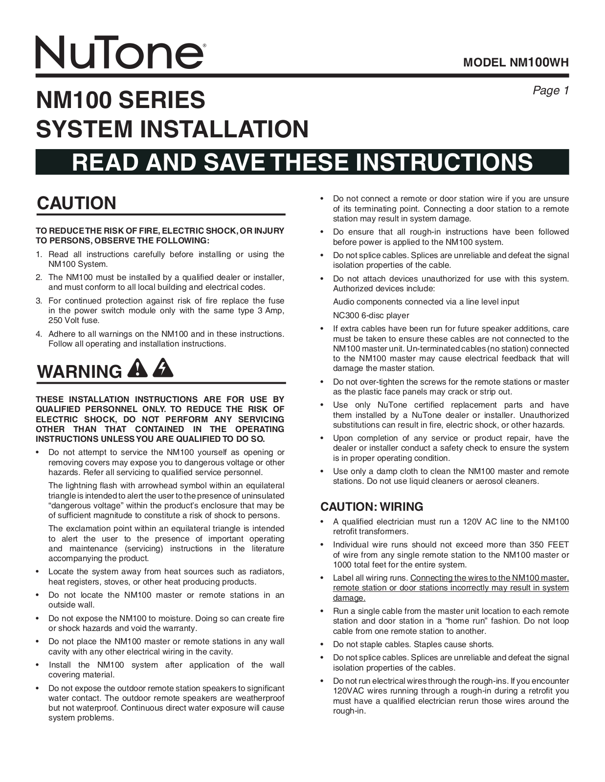 NuTone Nm100WH User Manual