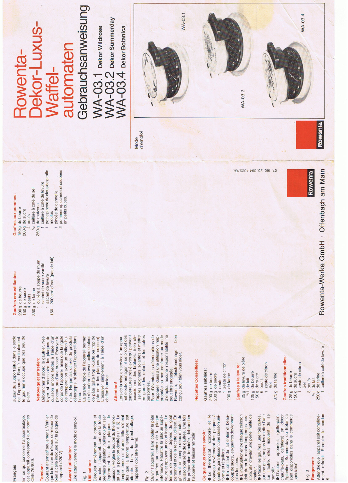 ROWENTA WA-03.1, WA-03.2, WA-03.4 User Manual