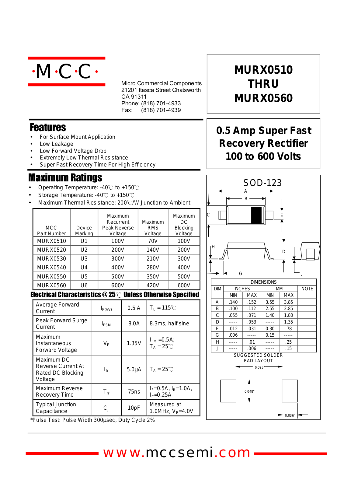 MCC MURX0510, MURX0550, MURX0560, MURX0540, MURX0530 Datasheet