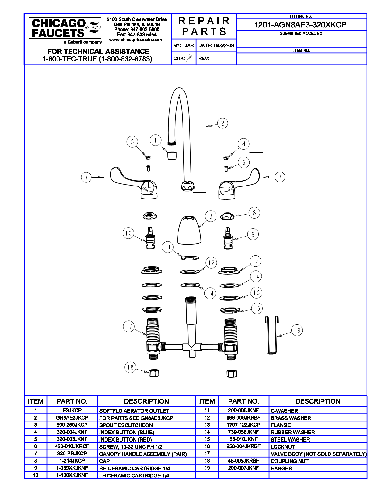 Chicago Faucet 1201-AGN8AE3-320XK Parts List