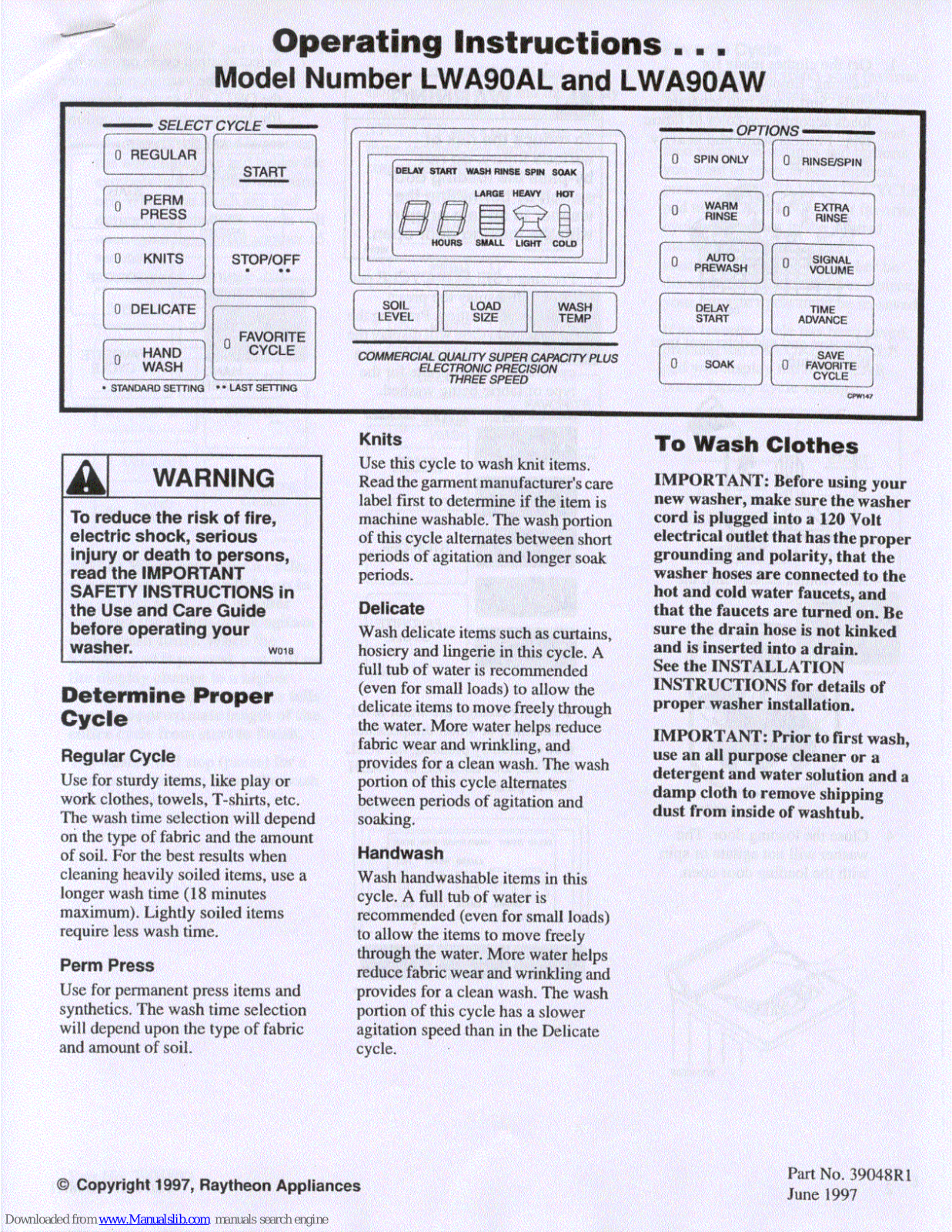 Whirlpool LWA90AL, LWA90AW Operating Instructions Manual