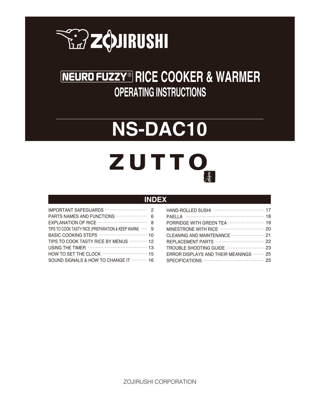 Zojirushi NS-DAC10 User Manual