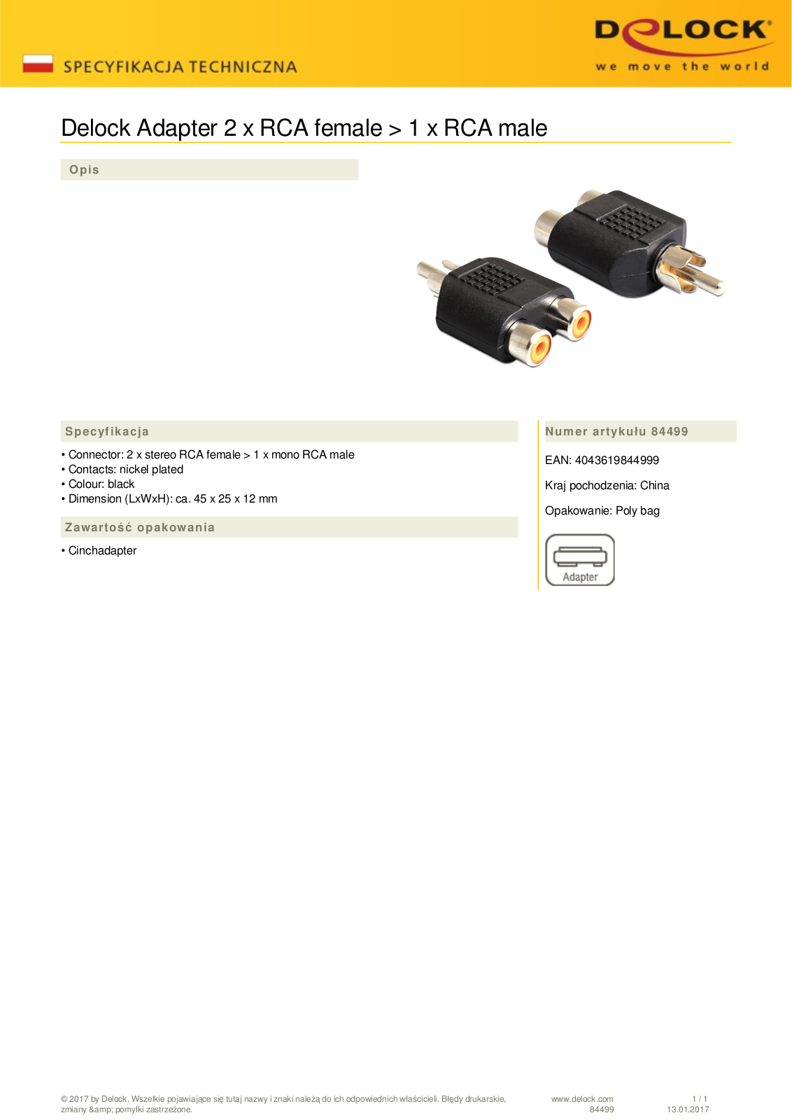 DeLOCK cinch 2x socket on 1x plug adapter User Manual