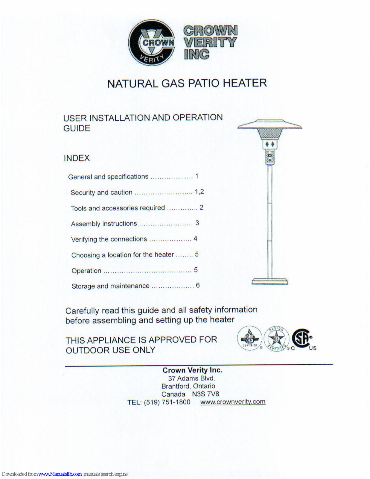 CROWN VERITY Patio Heater User Installation And Operation Manual