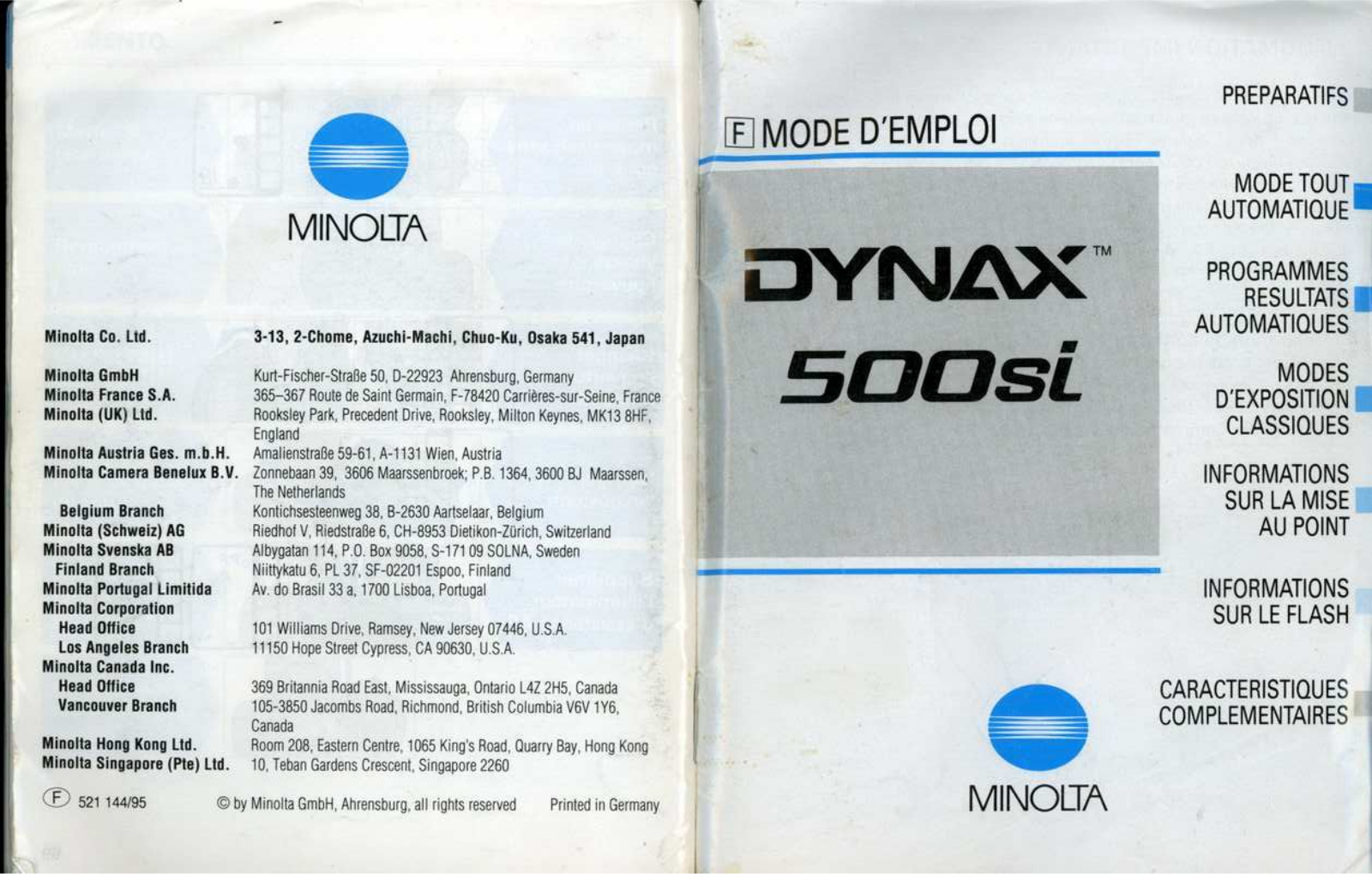 MINOLTA Dynax 500si User Manual