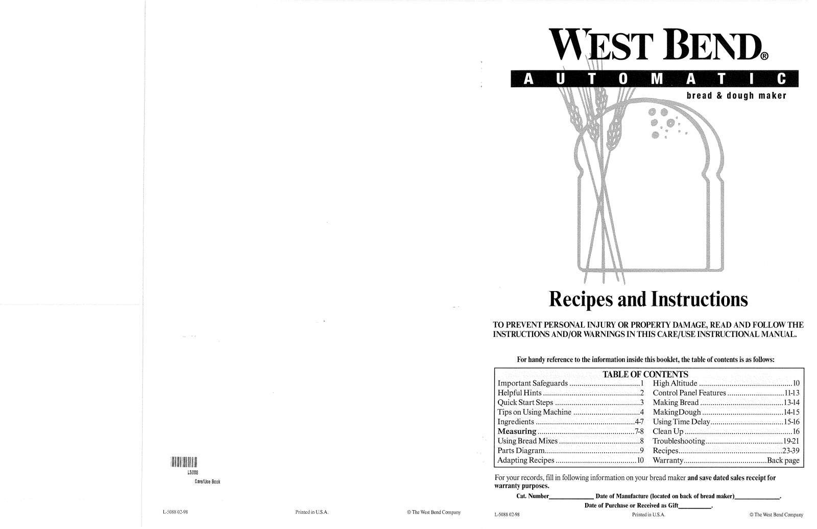 West Bend L5088 41098 Instruction Manual