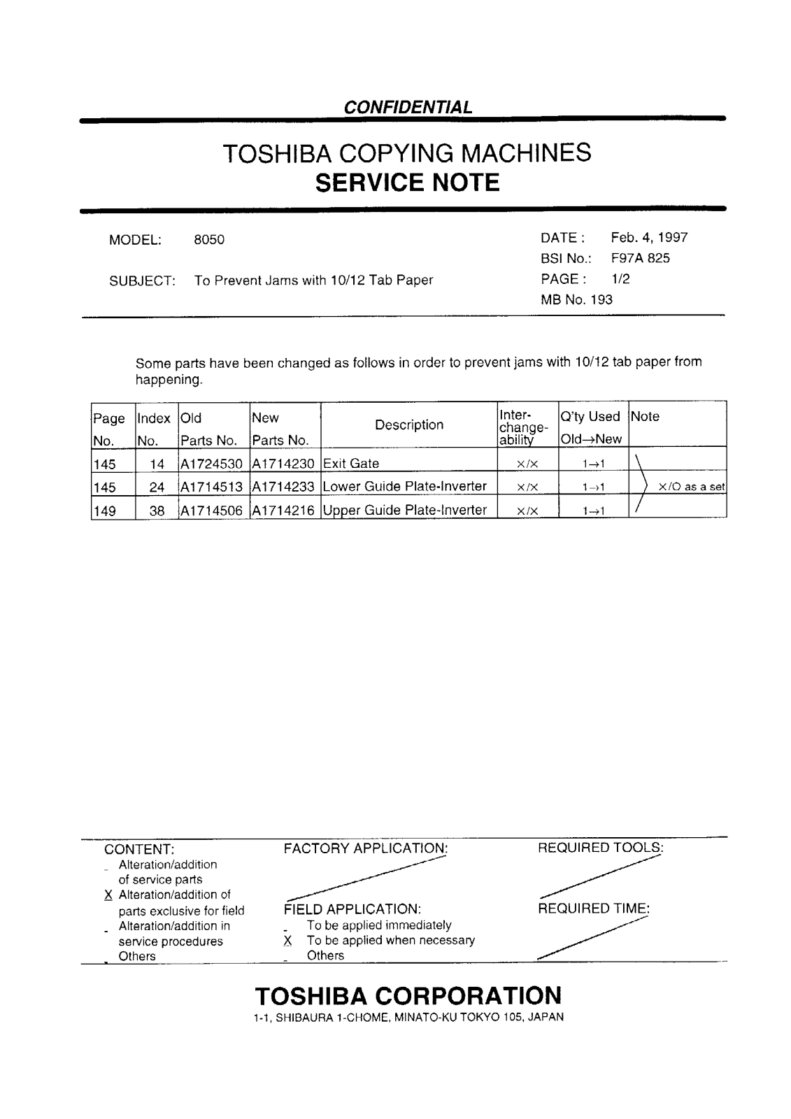 Toshiba f97a825 Service Note