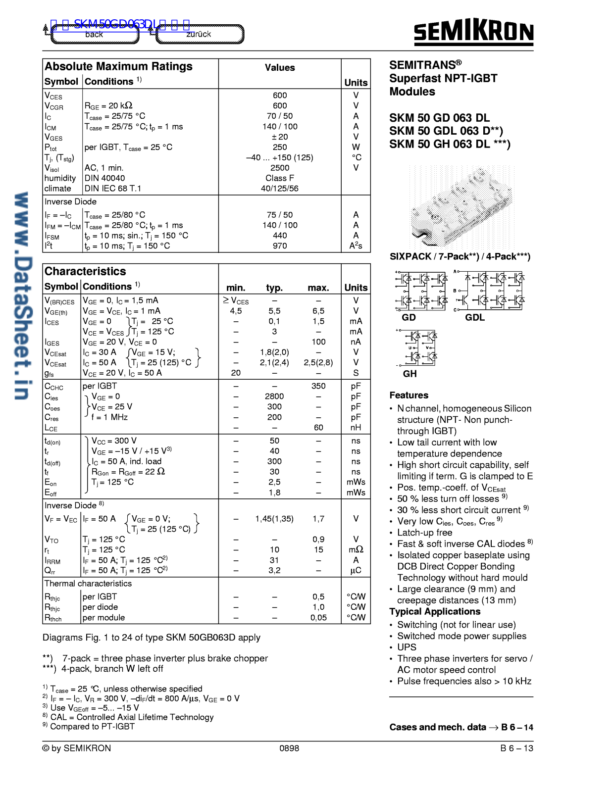 SEMIKRON SKM 50 GD 063 DL DATA SHEET