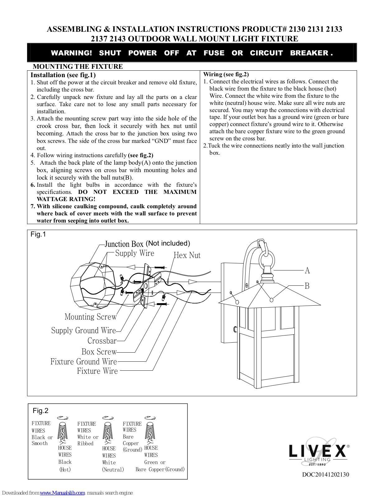 Livex 2130, 2133, 2131, 2137, 2143 Installation Manual