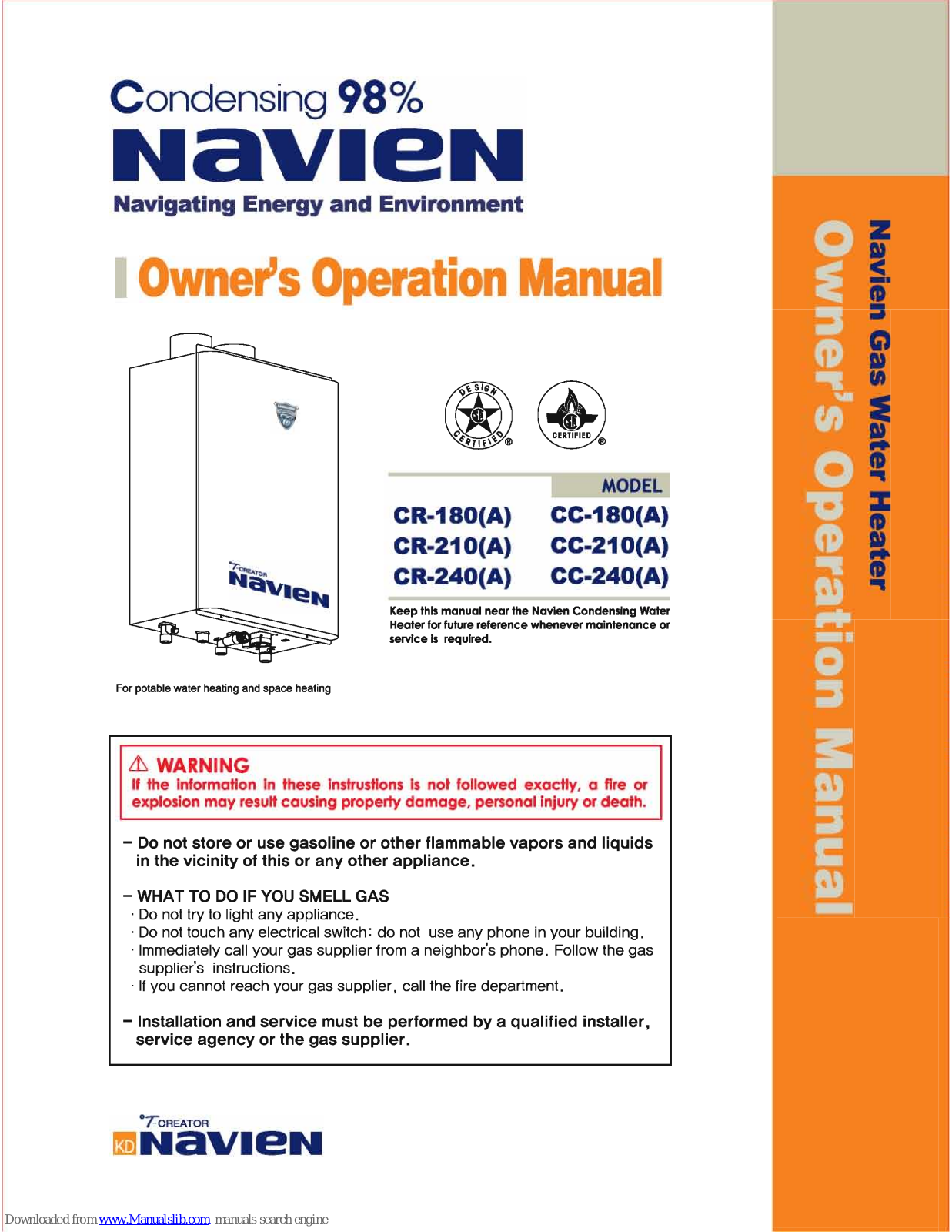 Navien CR-180(A), CR-210(A), CR-240(A), cc-180(A), CC-210(A) Owner's Operation Manual