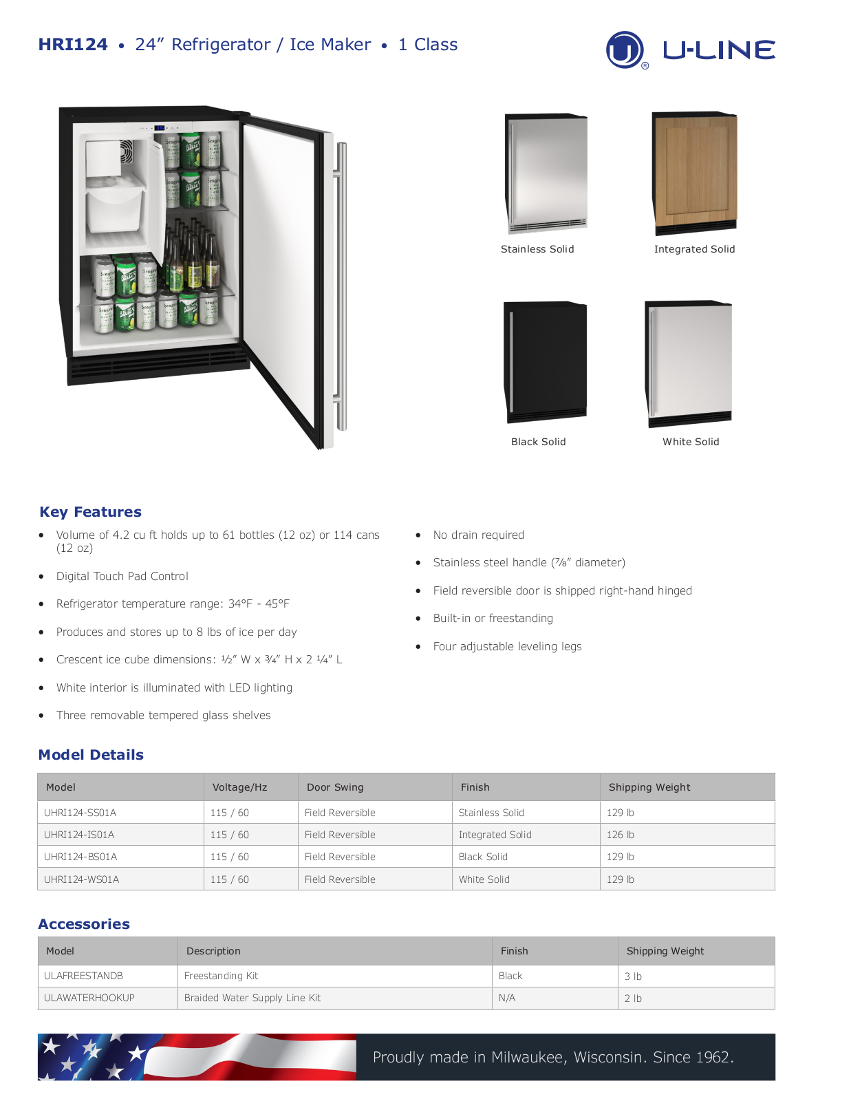 U-Line UHRI124WS01A, UHRI124BS01A, UHRI124IS01A, UHRI124SS01A PRODUCT SPECIFICATIONS