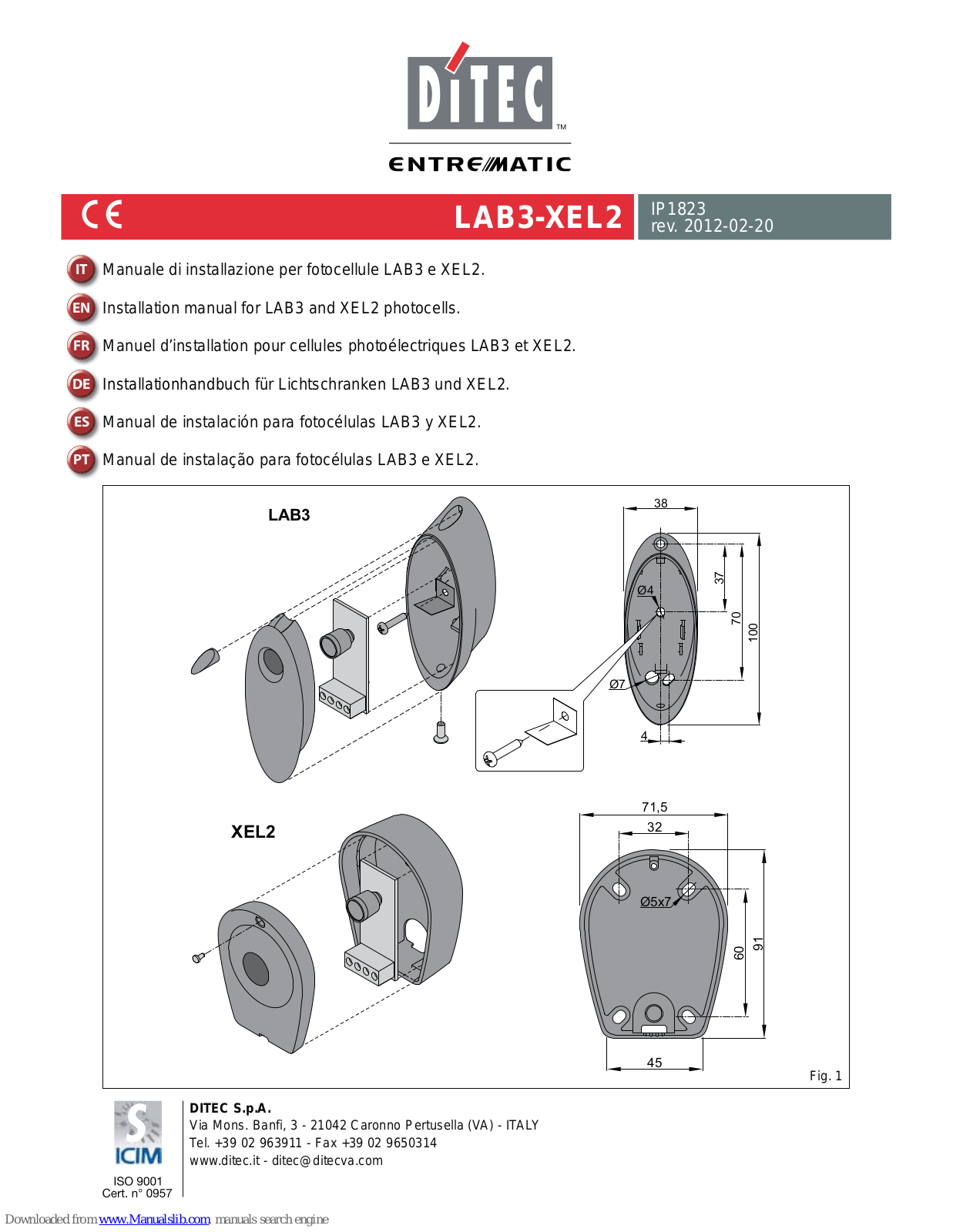 DITEC LAB3, XEL2 Installation Manual