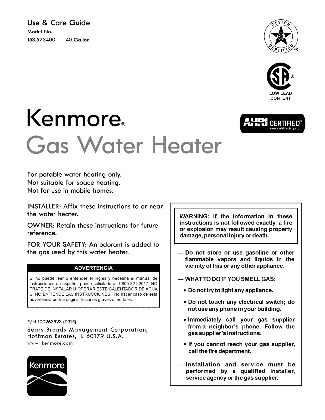 Kenmore 153573400 Owner’s Manual