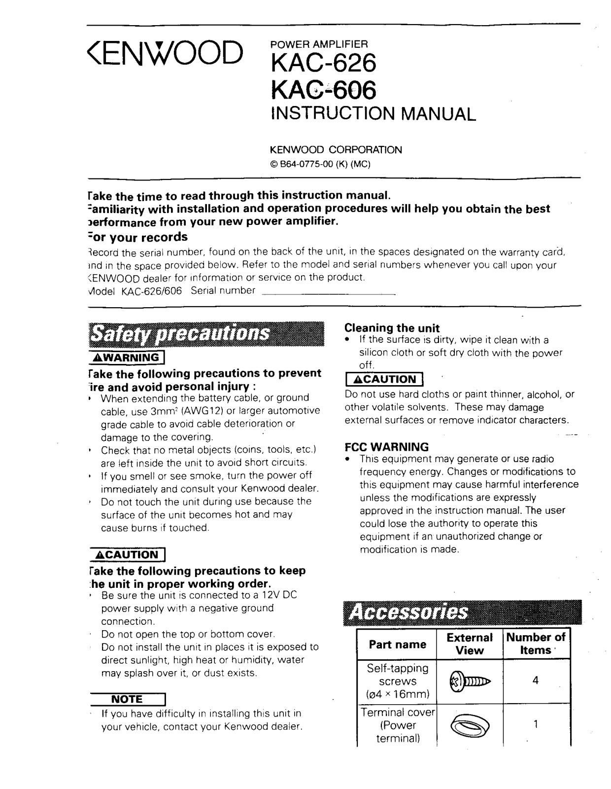 Kenwood KAC-606, KAC-626 Owner's Manual