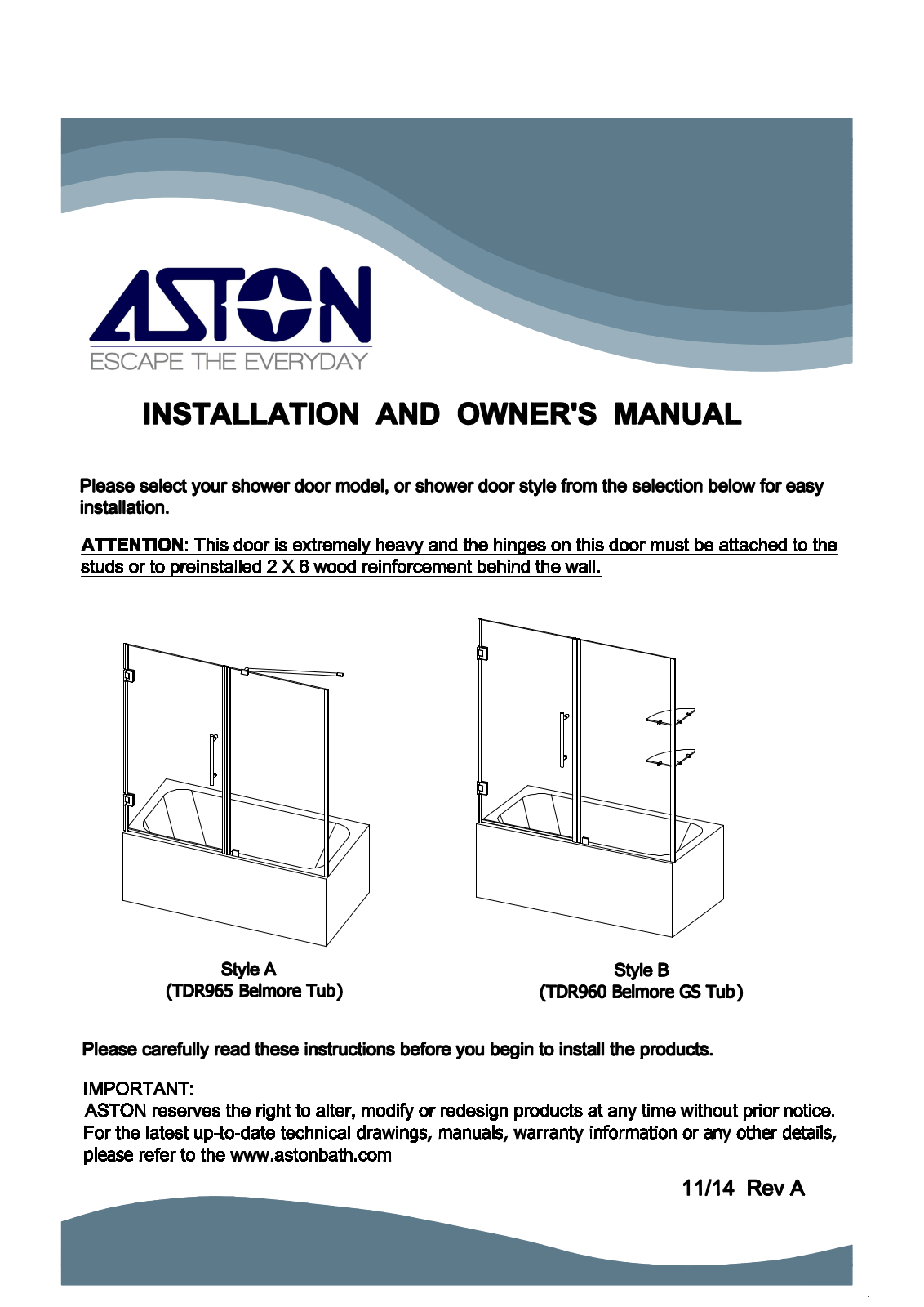 Aston Global TDR965EZORB6010, TDR965EZSS6010, TDR965EZCH6010, TDR960EZSS6010, TDR960EZORB6010 User Manual