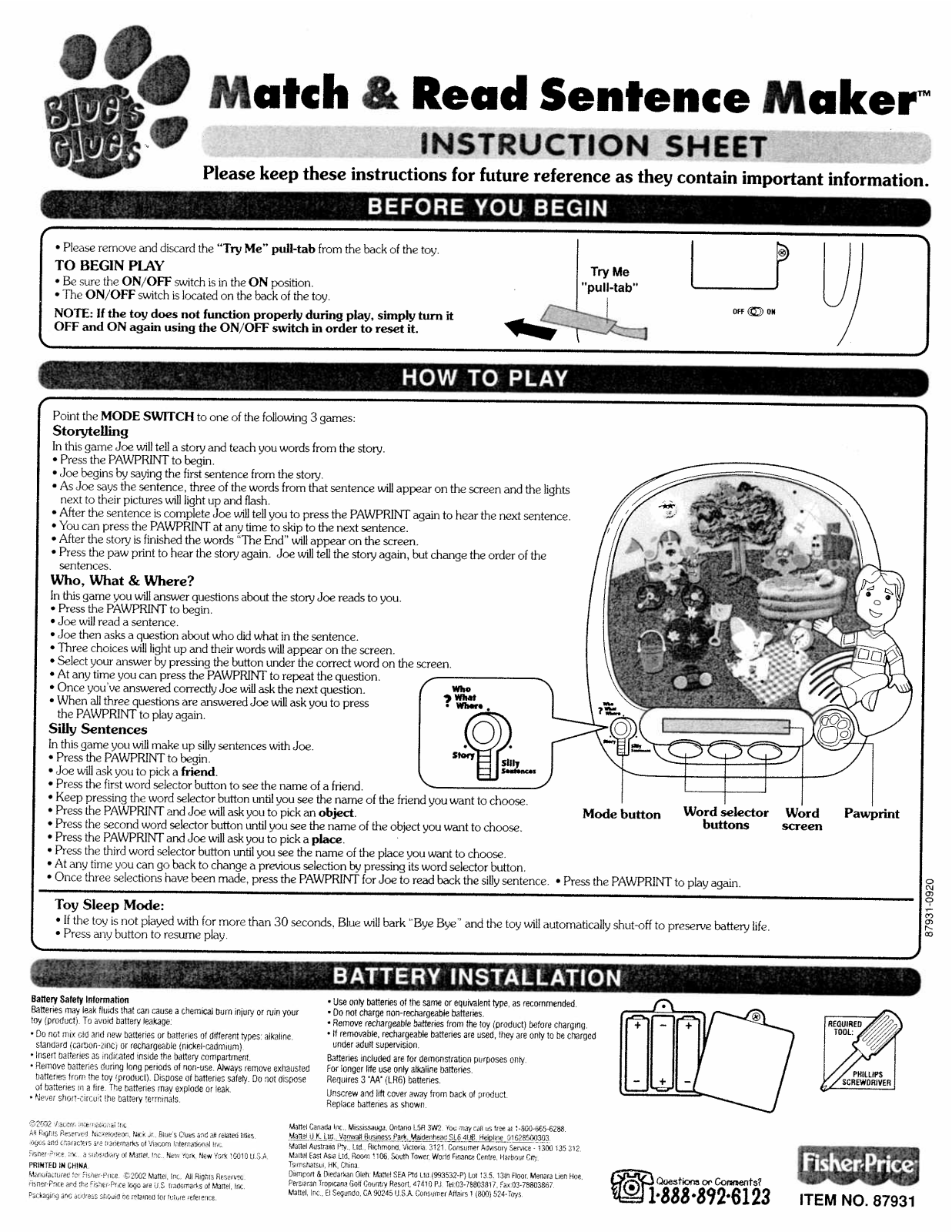 Fisher-Price 87931 Instruction Sheet