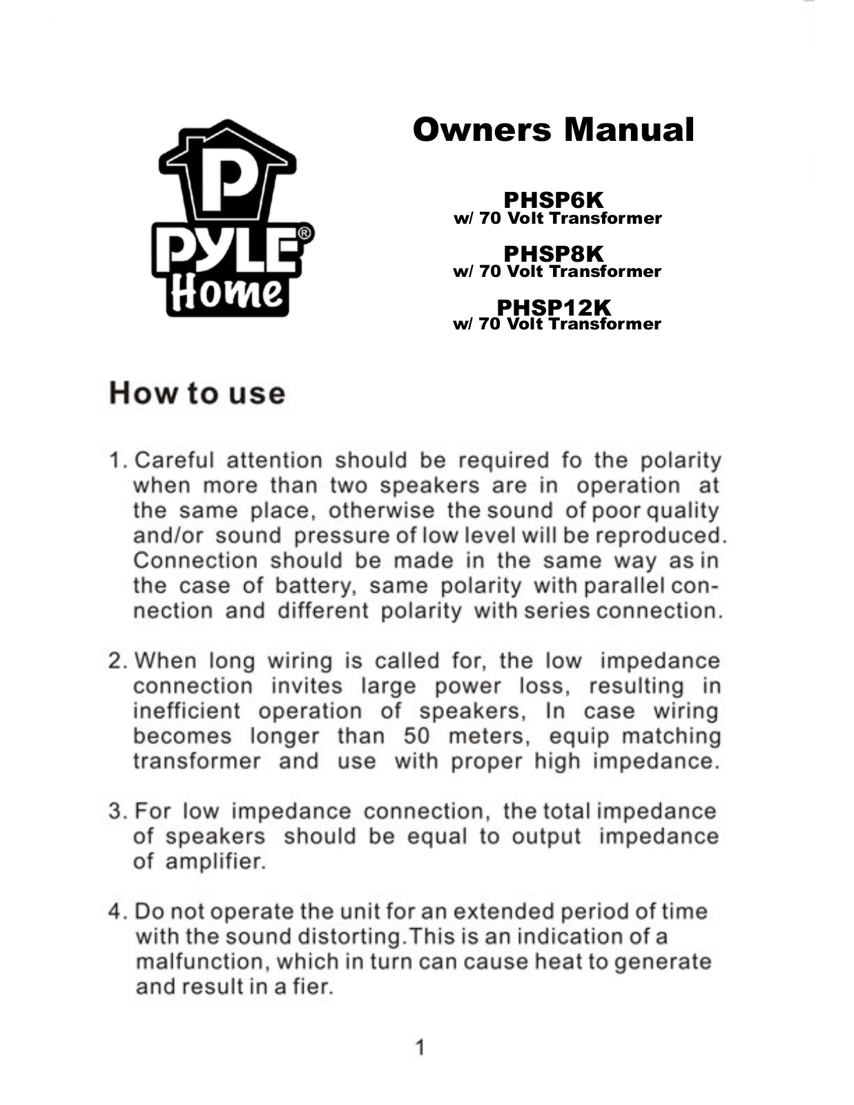 PYLE Audio PHSP6K, PHSP8K, PHSP12K User Manual