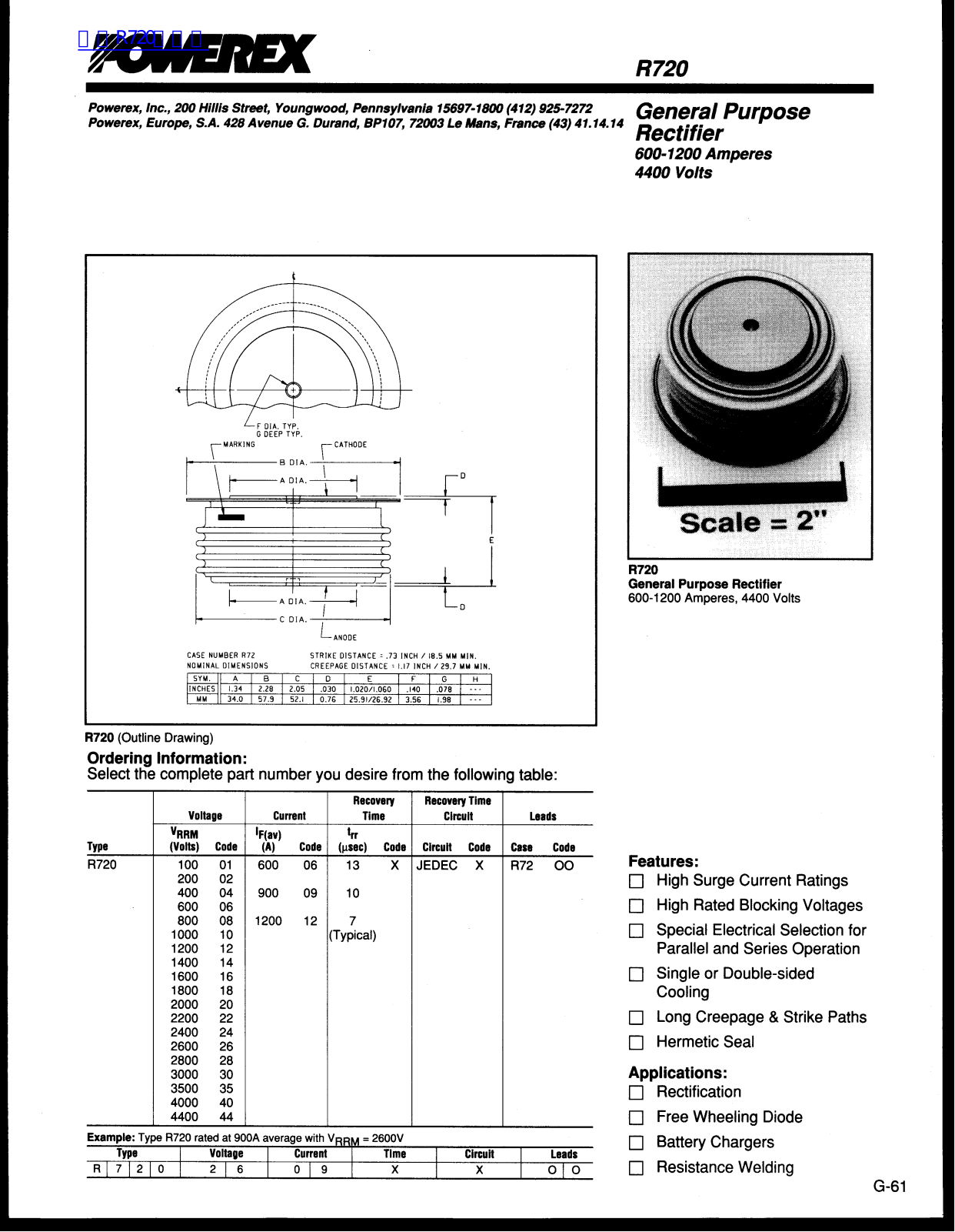 POWEREX R720 Technical data