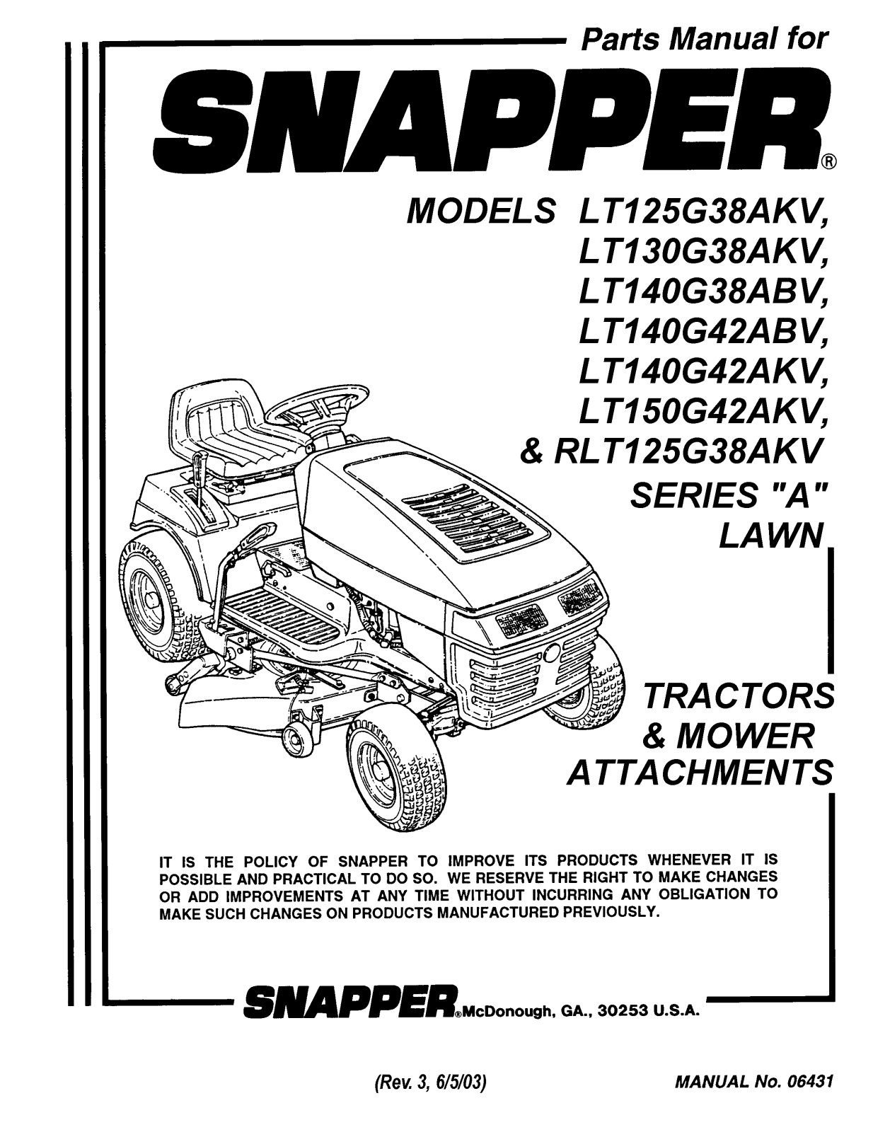 Snapper LT140G42ABV, LT130G38AKV, LT140G38ABV, LT150G42AKV, LT125G38AKV User Manual