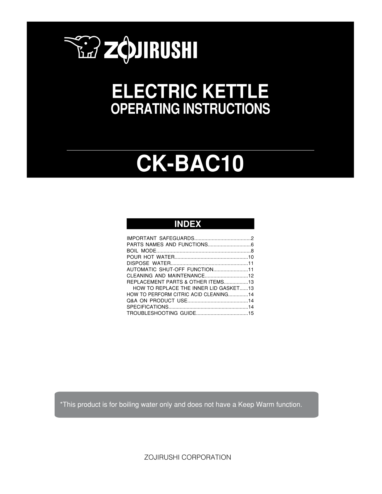 Zojirushi CK-BAC10 Owner's Manual